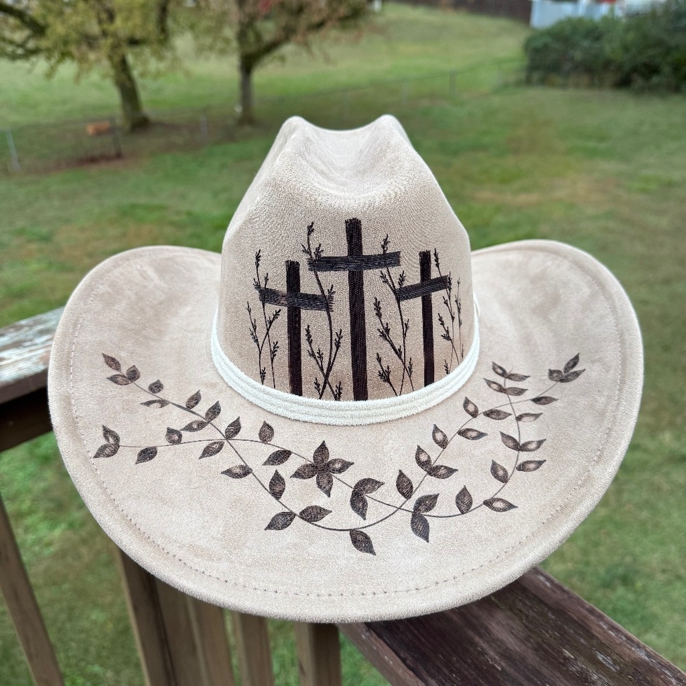 Three Crosses Hand Burned Cowboy Hat, Burned Cross Hat, Cross Burned Hat